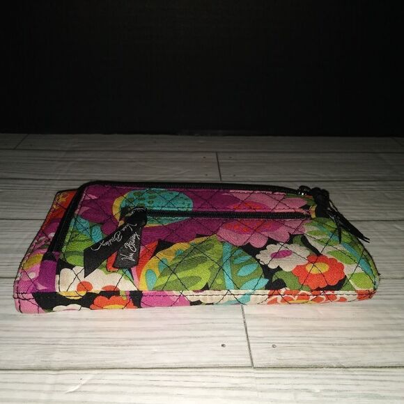 Vera Bradley Euro Wallet Tri-Fold Black with Colorful Flowers Retro Floral - Picture 3 of 9